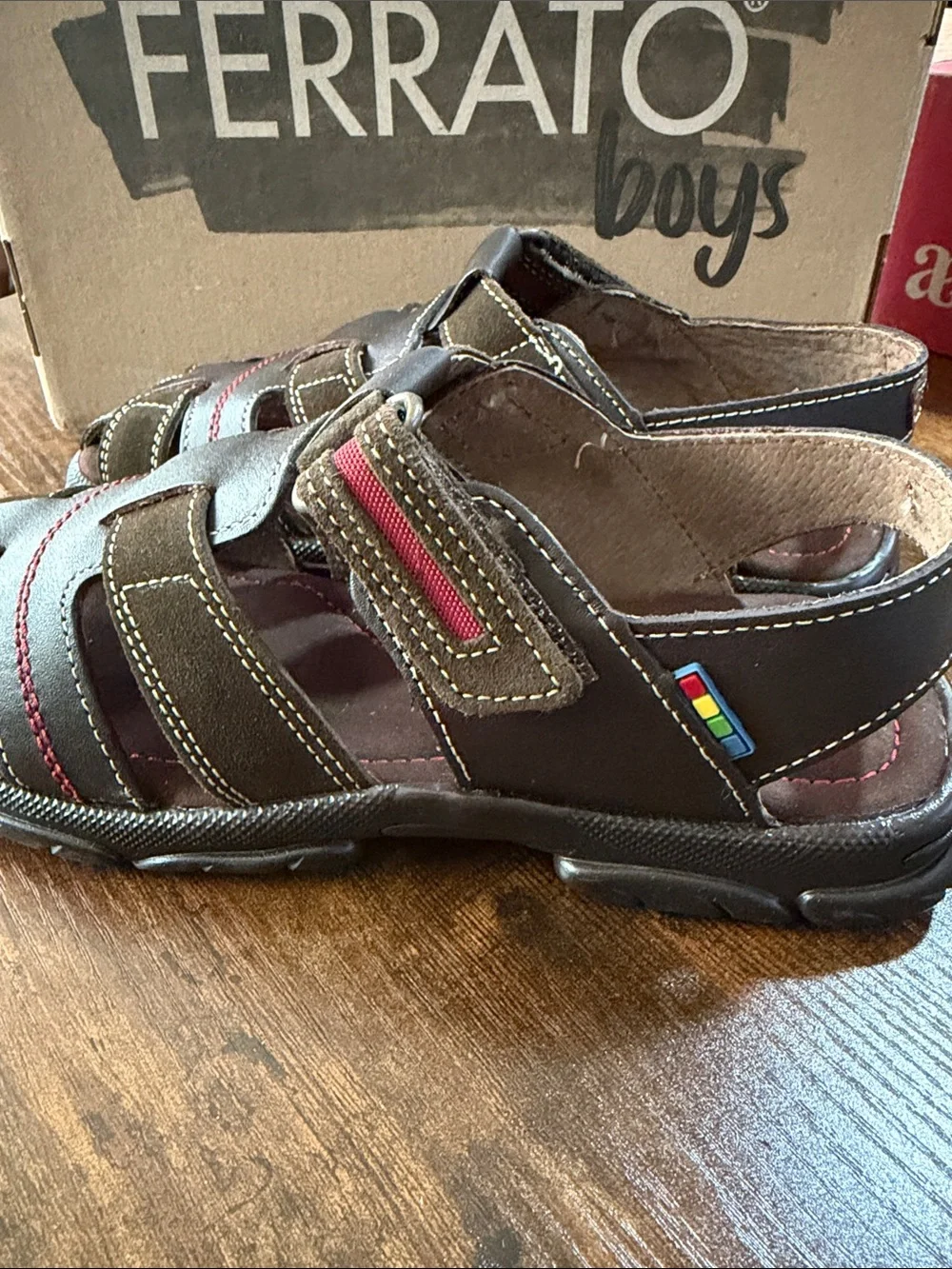 Boys Brown Sandals with Red Stitching